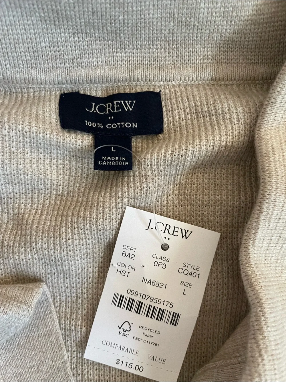 J. CREW Cotton waffle johnny-collar sweater-polo in Heather Stone L NWD $115